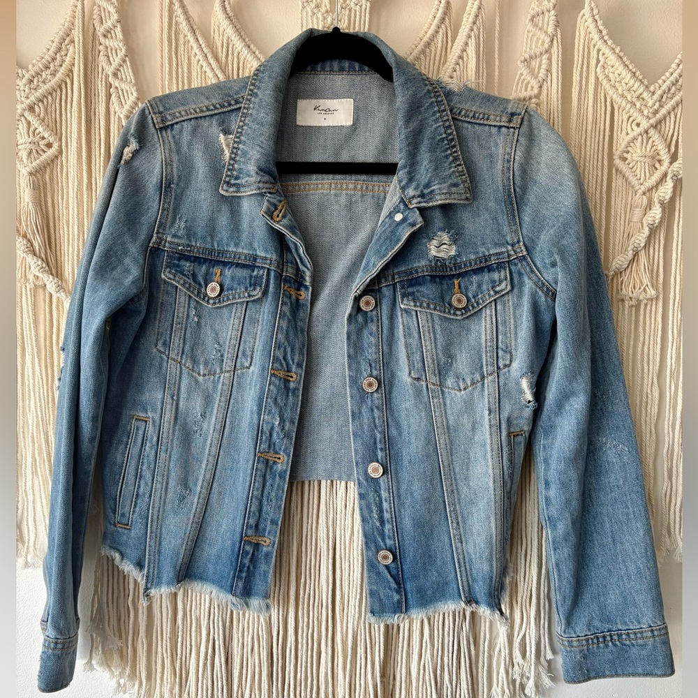 KanCan Medium Wash Denim Distressed Jacket